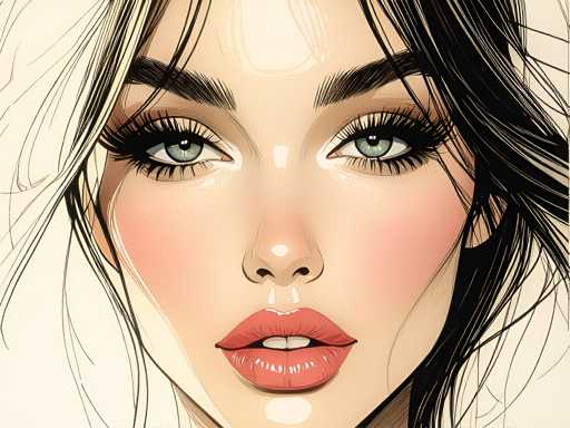 The image shows a close-up portrait of a woman's face with striking features and bold makeup. The woman has dark hair styled in loose waves that fall over her shoulders, and she is wearing red lipstick on her lips. Her eyes are accentuated by long eyelashes, adding to the overall dramatic effect of the look. The background is white, which contrasts with the woman's dark hair and makeup, making them stand out even more.