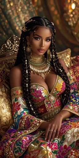 A woman with long dark hair wearing a gold and pink dress with intricate floral designs sits on a couch against a backdrop of a green curtain.
