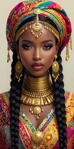 The image shows a woman with long black hair wearing traditional African attire. She is adorned with gold jewelry and a colorful headpiece that includes a turban and earrings. The background of the image is white, which contrasts with her dark hair and the vibrant colors of her outfit.