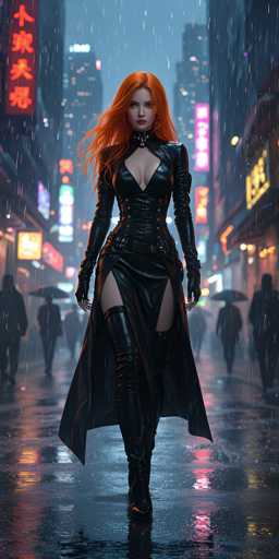 A woman with red hair and a black leather outfit is walking down a rain-soaked street at night, holding an umbrella over her head as she navigates the wet cityscape.
