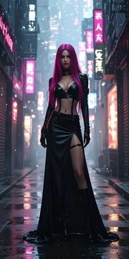 A woman with pink hair and a black dress stands on a wet city street at night, holding a red umbrella. The background is filled with neon signs and buildings, creating an urban atmosphere.