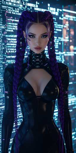 The image features a woman with long, purple braids standing in front of a computer screen. She is wearing a black outfit that includes a bodysuit and gloves. The scene appears to be set in an office environment or a futuristic setting, as suggested by the presence of the computer monitor behind her.