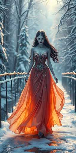 A woman is walking on a bridge covered with snow and ice. She is wearing an orange dress that contrasts with the white surroundings. The bridge she's walking on has black railings, adding to the wintry atmosphere of the scene.