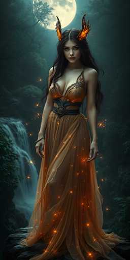A woman stands in front of a waterfall with her hair styled in an intricate updo and wearing a long, flowing dress that glows with orange lights. The background is dark and filled with trees, creating a sense of mystery and enchantment.