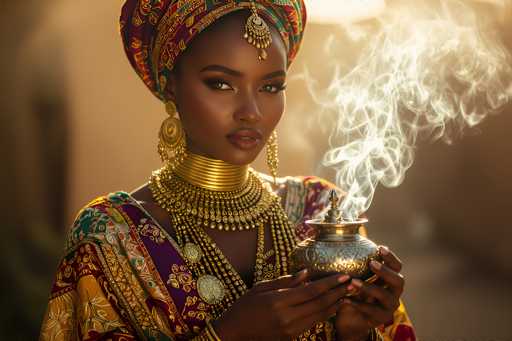 A woman with dark hair and gold jewelry is holding a silver pot over her head, releasing smoke into the air. She is wearing a colorful head wrap that matches the vibrant colors of the pot she holds. The background appears to be a building or structure, suggesting an urban setting.