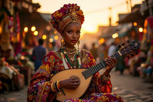 A woman is seated on a bench playing a guitar with her hands resting on the strings. She is wearing traditional African attire and has a colorful headpiece that matches her outfit. The setting appears to be an outdoor market or street fair, as evidenced by the blurred background of people walking around.