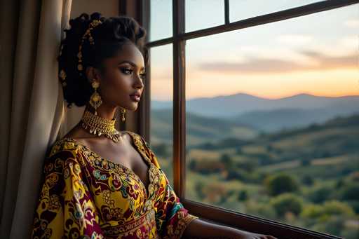 A woman with long dark hair is captured from behind her head, wearing a gold and red dress that features floral patterns. She has a gold necklace and earrings on, and the window she's leaning against is framed by a curtain in shades of beige and gray. The background reveals a breathtaking view of rolling hills under a clear blue sky with wispy clouds.