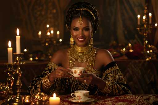 A woman is seated at a table with a white tablecloth and gold accents. She is wearing a gold necklace and earrings, and holding a cup of tea. The background features a large painting on the wall behind her, which appears to be a portrait or a scene from a historical period.