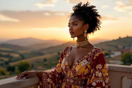A woman with curly hair wearing a gold necklace and earrings is standing on a balcony overlooking a mountainous landscape at sunset.