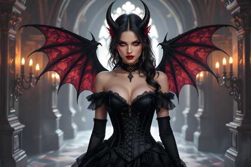 A woman with red wings and a black dress stands in front of a Gothic archway, wearing a necklace and earrings.