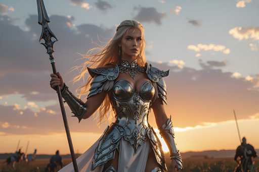 A woman dressed as a medieval princess stands in a field at sunset, holding a spear and wearing a silver armor suit with wings on her shoulders. In the background, two knights can be seen riding horses.