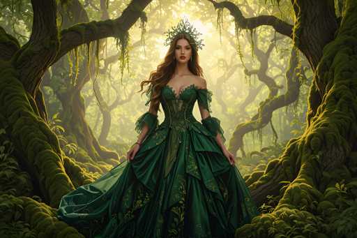 A woman stands in a forest, wearing a long green dress with gold accents and a crown on her head. The trees surrounding her have moss growing on them, creating an ethereal atmosphere.