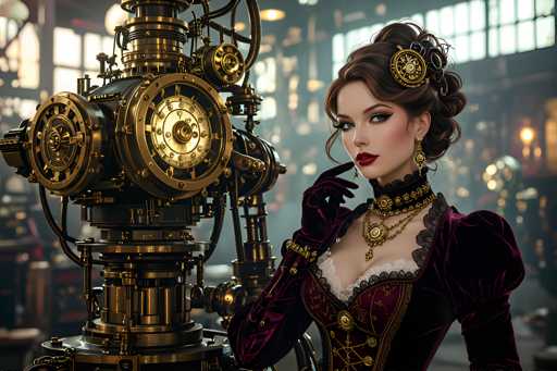 A woman dressed in a Victorian-era outfit stands next to a large mechanical device with gold accents and intricate dials. The woman is wearing a red dress with white lace trim and a gold brooch on her shoulder.