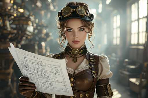 A woman with long brown hair wearing a steampunk-style outfit and goggles is holding a piece of paper while looking directly at the camera.