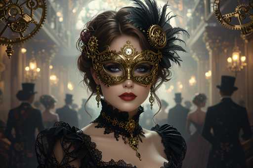 The image depicts a woman wearing an ornate gold and black mask with feathers adorning her face, standing in front of a group of people dressed in period costumes. The background is dark and filled with intricate designs, suggesting the setting could be a grand ballroom or palace.